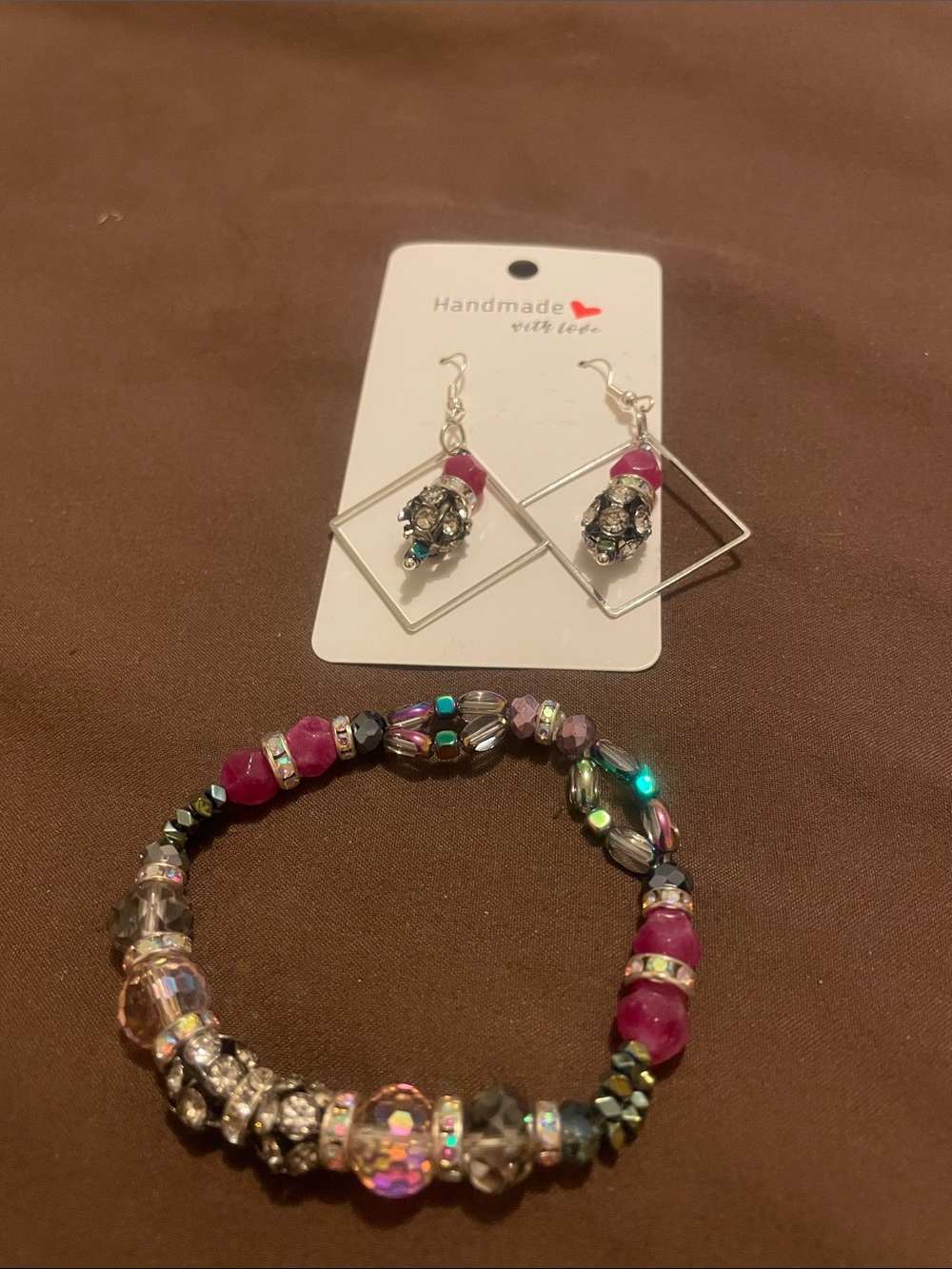 H20 - 2/$7 - Set of Handmade Pink Bead & Crystal Fashion Bracelet with Earrings